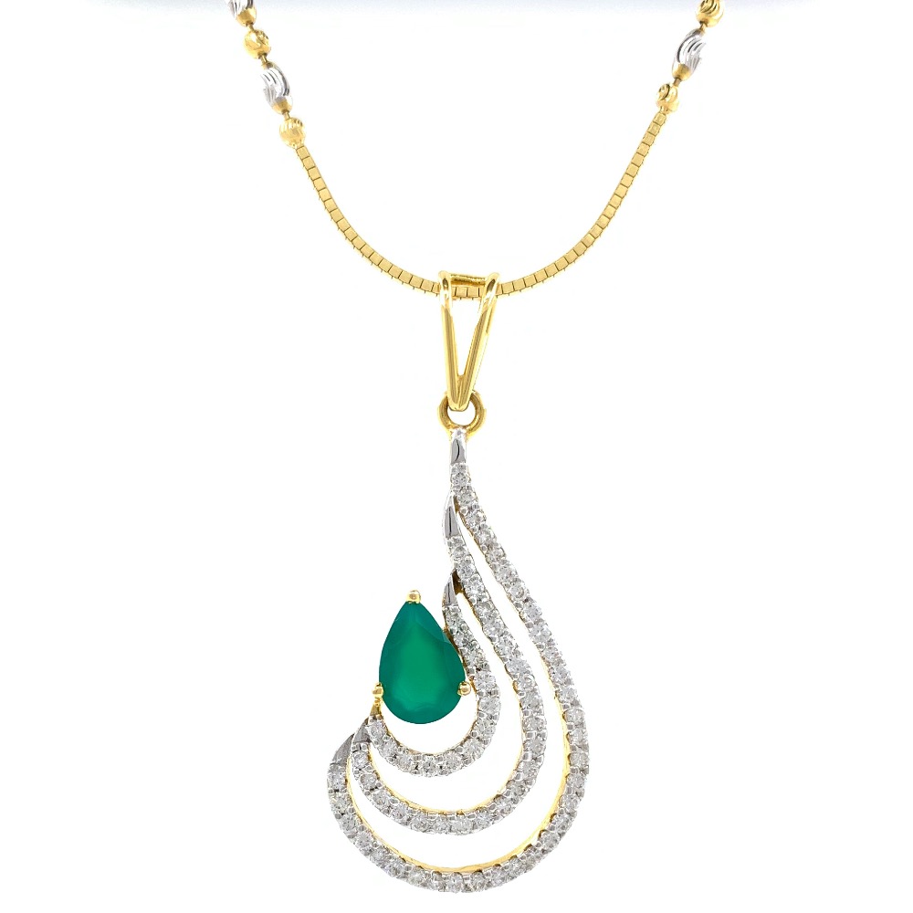 Green stone drop shape diamond pendant in 14k yellow gold 9shp24