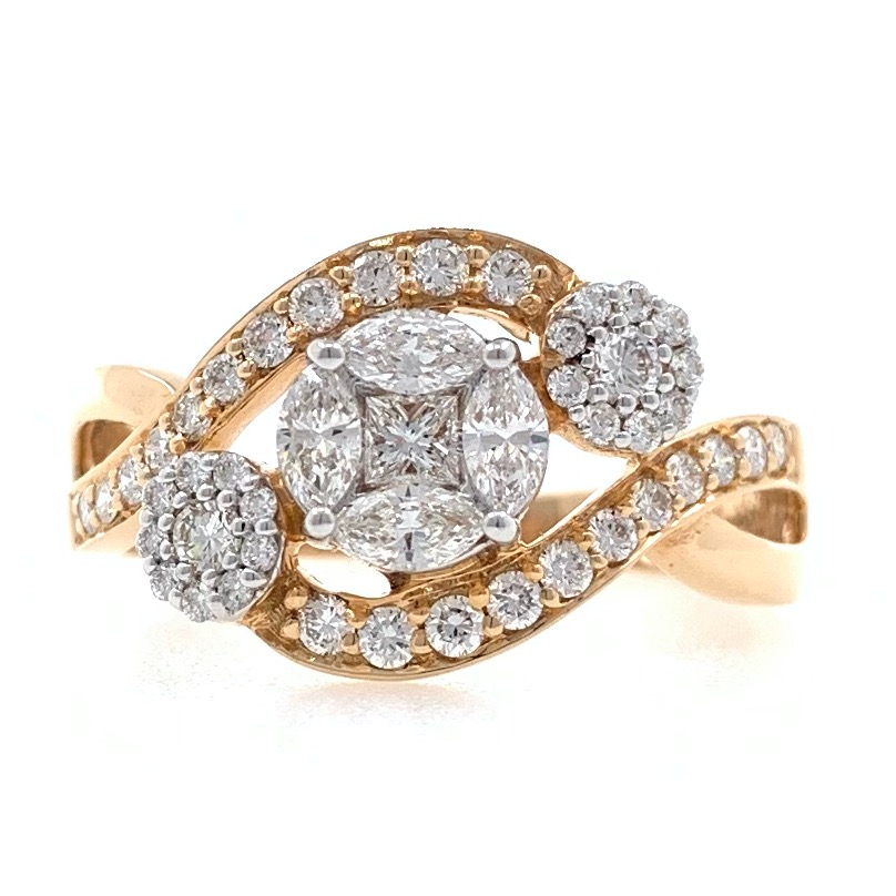 18kt / 750 rose gold three solitaire look diamond ladies ring 9lr63