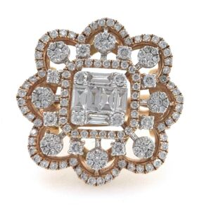 18kt / 750 rose gold designer cocktail party wear diamond ring for ladies 8lr45