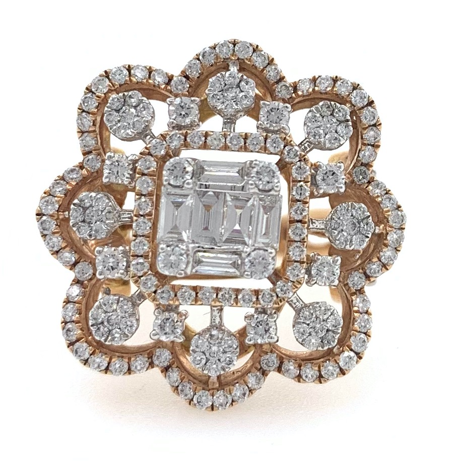 18kt / 750 rose gold designer cocktail party wear diamond ring for ladies 8lr45