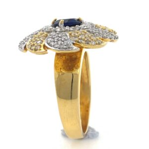 18kt / 750 yellow gold cocktail diamond ring with blue colour stone 5lr717