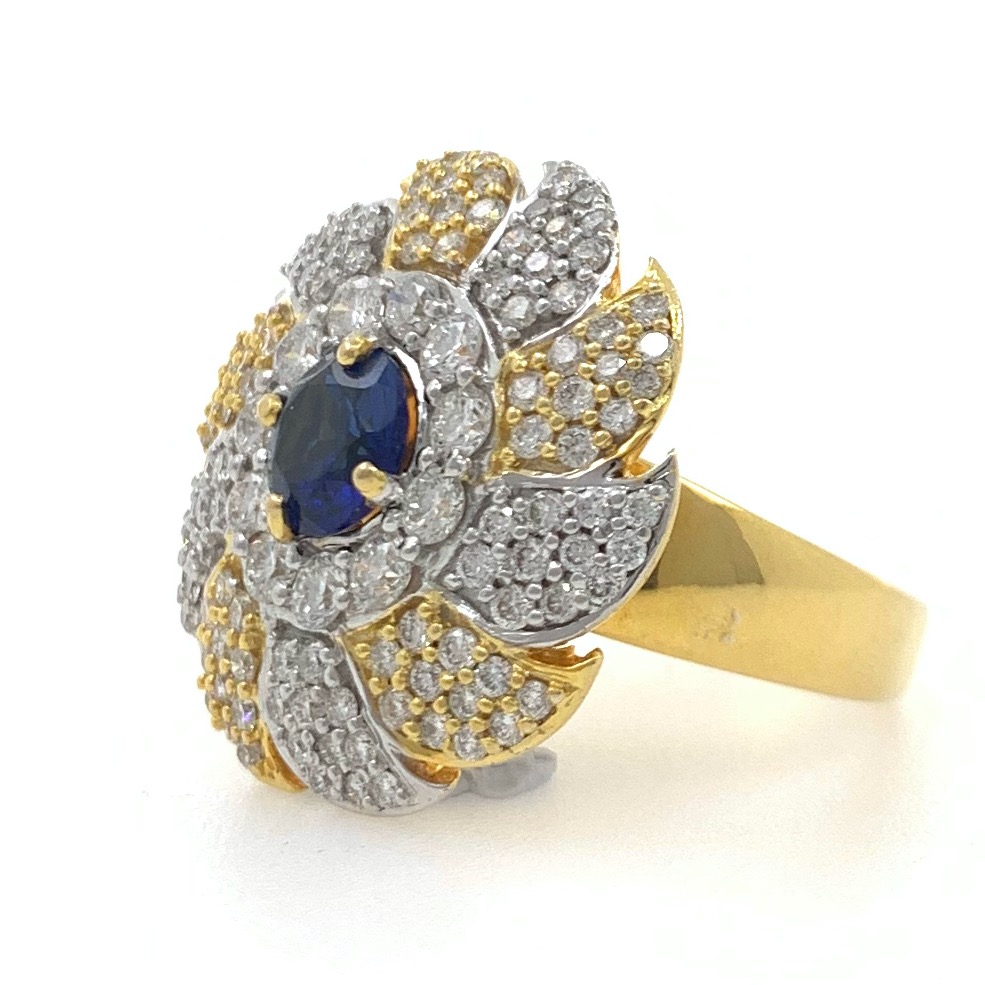 18kt / 750 yellow gold cocktail diamond ring with blue colour stone 5lr717 - Image 3