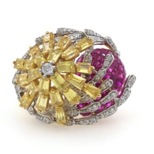 18kt / 750 yellow gold classy cocktail diamond & coloured stone ladies ring 5lr686