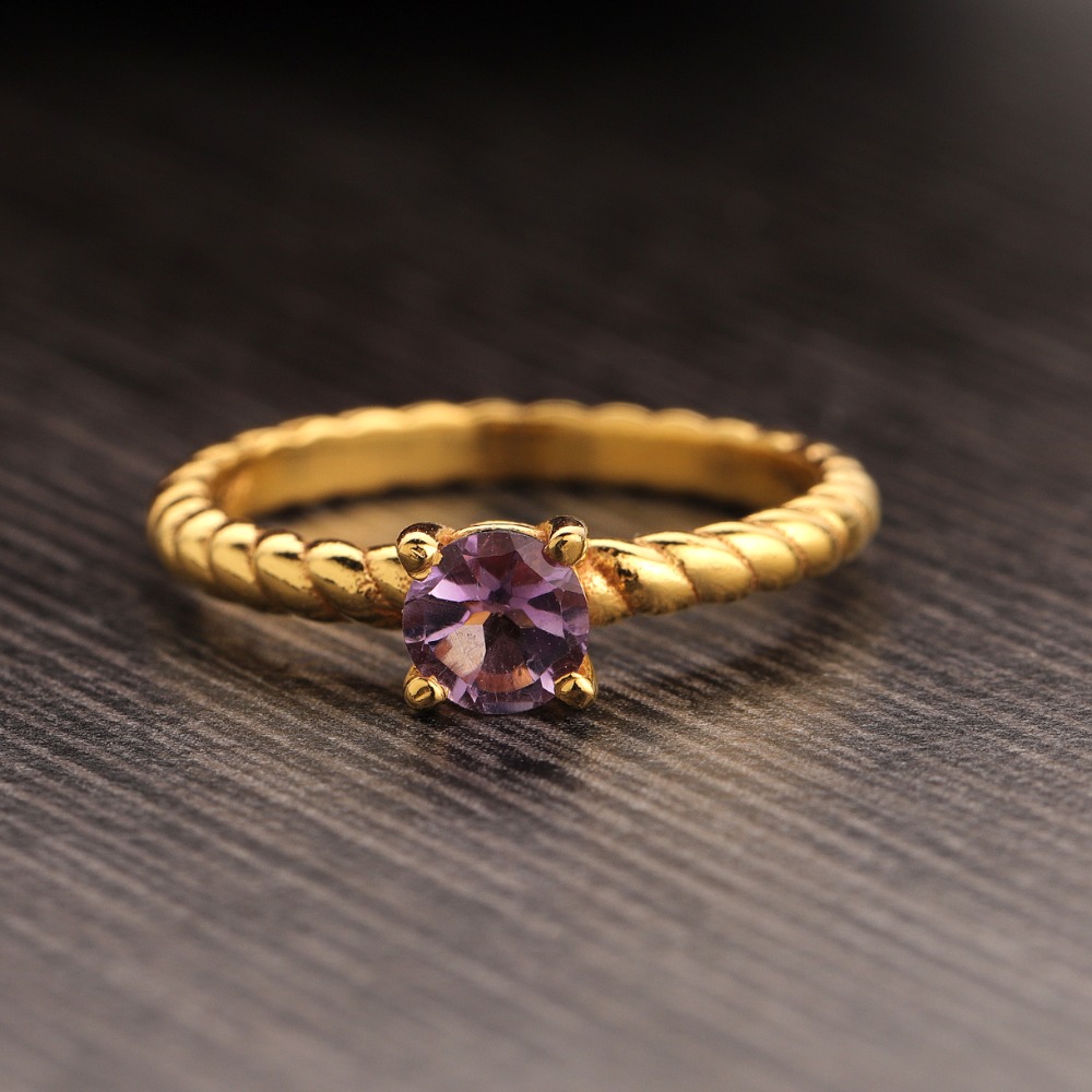 Round Amethyst Prong Ring - Amethyst Gold Plated Sterling Silver Ring - Image 2