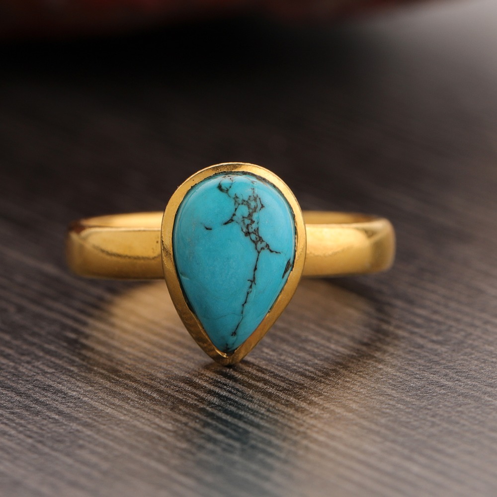 Turquoise Ring, 925 Sterling Silver, Pear Ring Gold Plated - Image 2