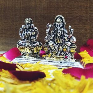 Silver oxidized Ganesh Ji-Lakshmi Murti (solid plate)