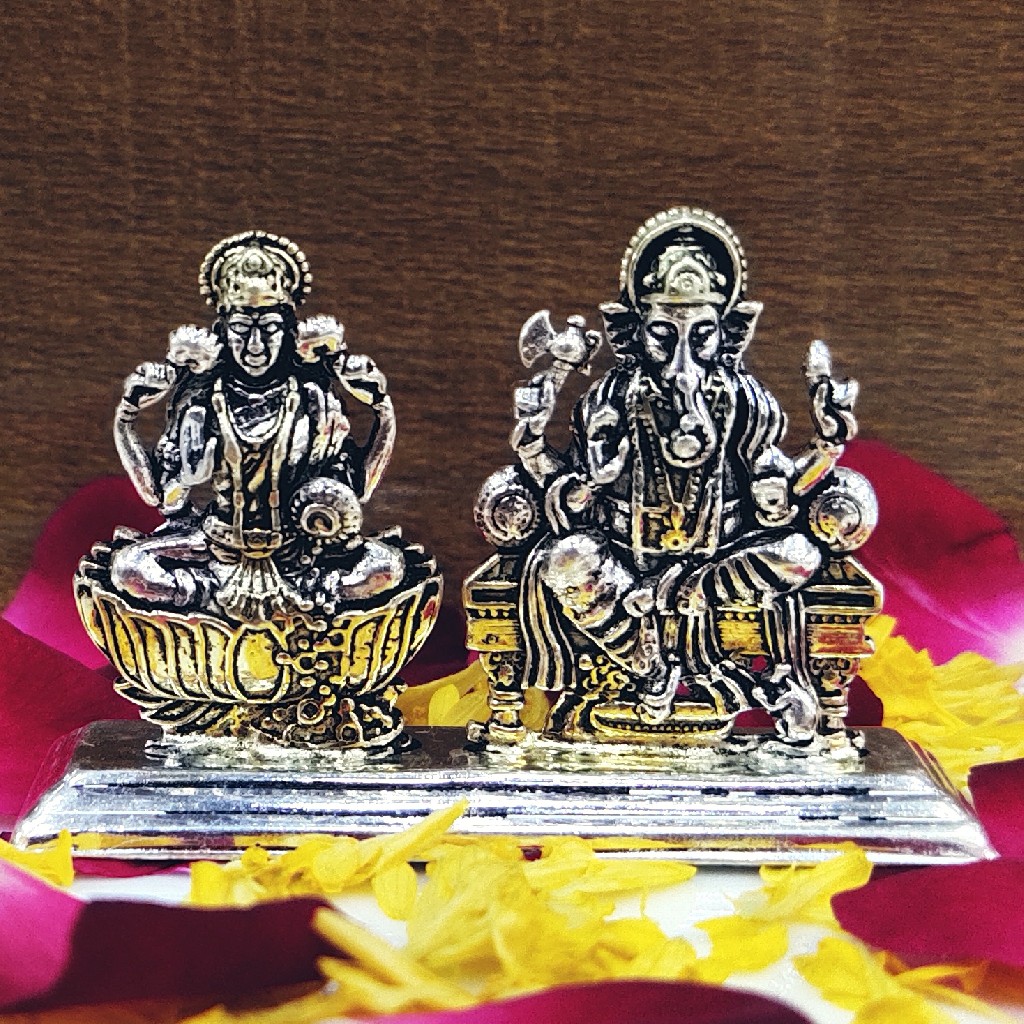 Silver oxidized Ganesh Ji-Lakshmi Murti (solid plate) - Image 2
