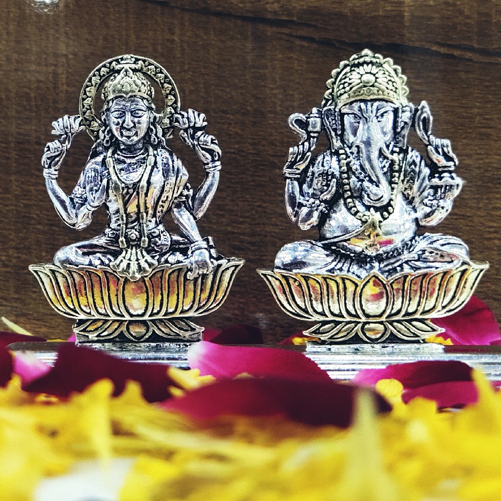 Silver oxidized Ganesh Ji-Lakshmi Ji    Murti (solid)