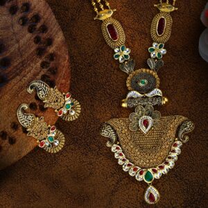 22kt gold antique flower design necklace set p-2637