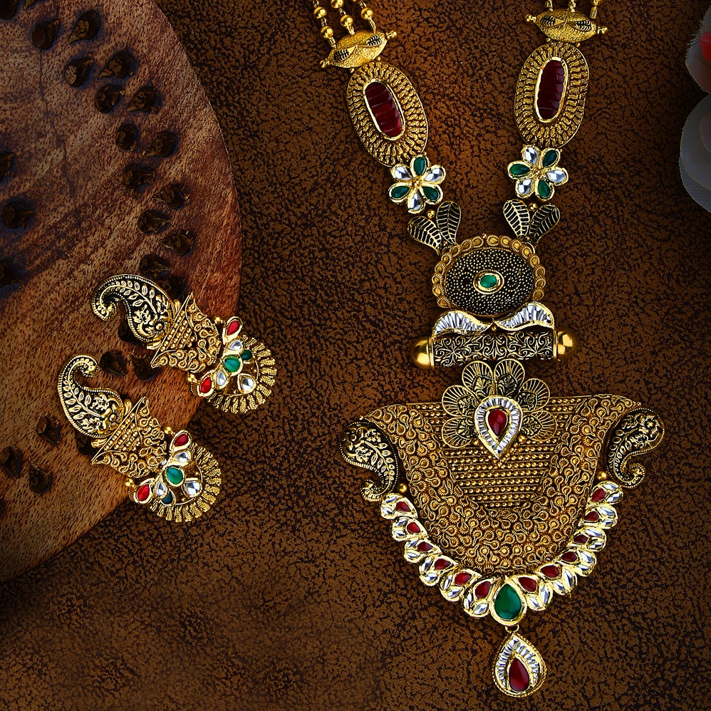 22kt gold antique flower design necklace set p-2637