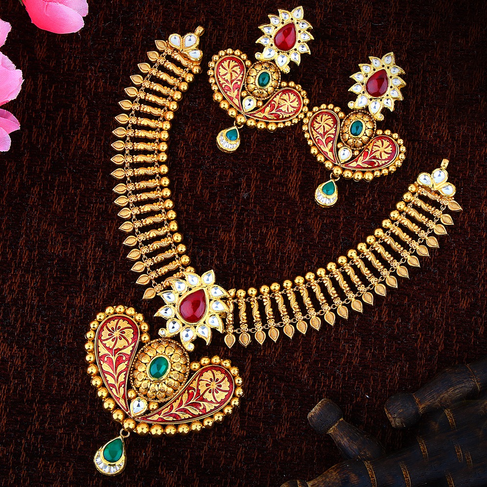 22kt gold antique necklace set for wedding p-2302