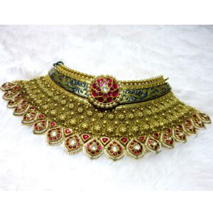 Gold jadtar chokar colorful antique necklace set