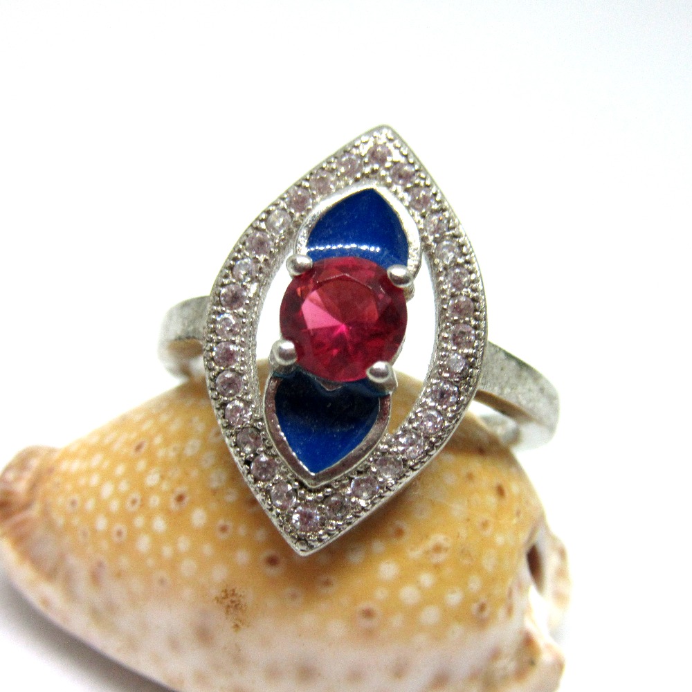 Silver 925 dark pink stone blue meena ring sr925-32 - Image 2