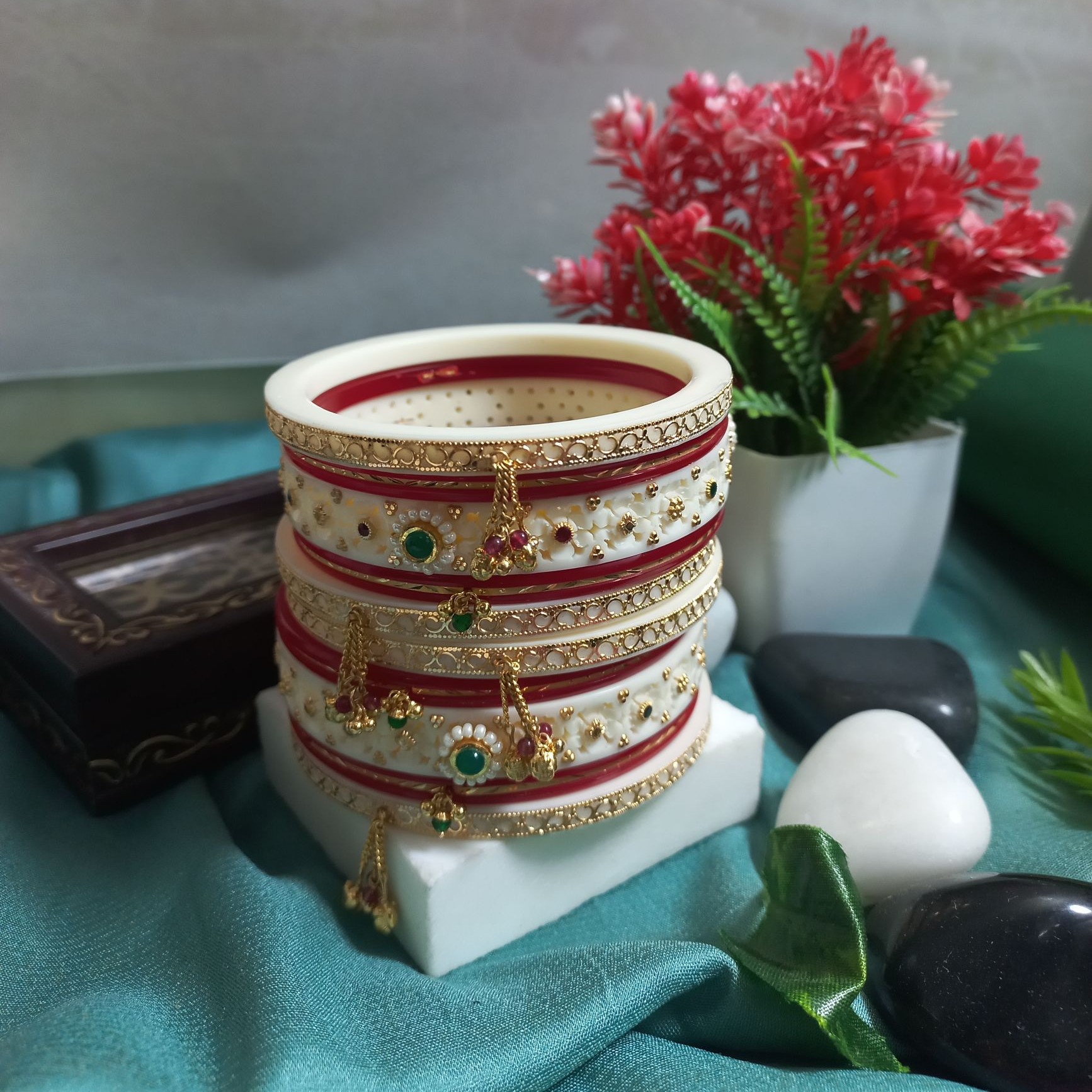 Gold Red White Bangle Set For Bridal