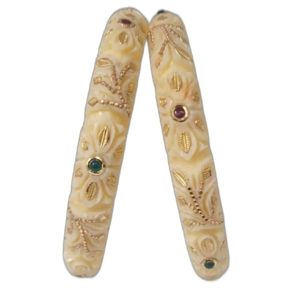Gold Art Work white with green stone royal bangle