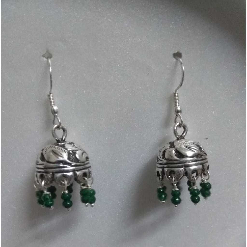 Fancy Silver Jhumki With Green Ghughri
