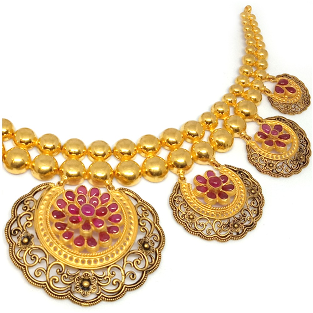 22KT Bridal Gold Antique Necklace Set - LJ-1 - Image 2