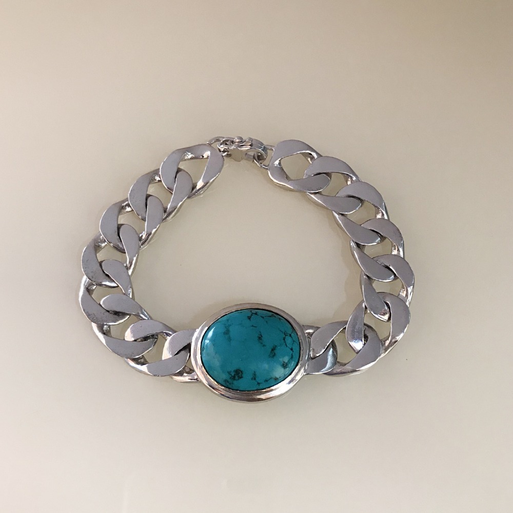 18 Kt Real Solid White Gold Natural Turquoise Stone Men'S Bracelet - Image 4