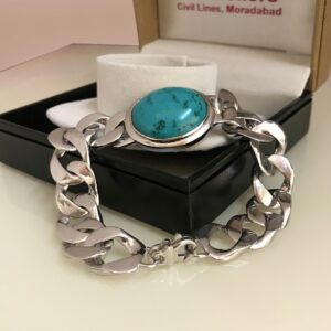 18 Kt Real Solid White Gold Natural Turquoise Stone Men'S Bracelet