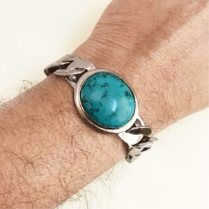 18 Kt Real Solid White Gold Natural Turquoise Stone Men'S Bracelet