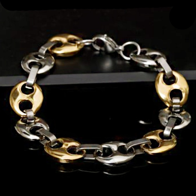 18 Kt Real Solid White & Yellow Gold Link Men'S Bracelet 58 Grams