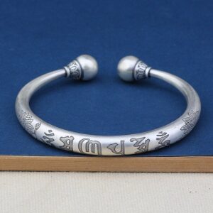 18 Kt Stamped White Gold Buddhist Ohm Mantra Men's Cuff Bracelet 25g