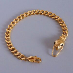 18Kt Yellow Gold Serpent Snake Head Curb Cuban Chain Bracelet 5 MM