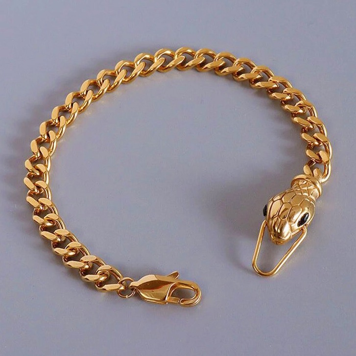 18Kt Yellow Gold Serpent Snake Head Curb Cuban Chain Bracelet 5 MM