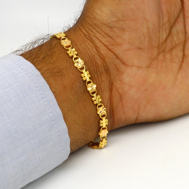 18 Kt Yellow Gold Stylish Chain Handmade Men's Bracelet 15 Gm - Image 5
