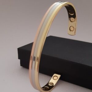 18 Kt White Rose & Yellow Gold Three Tone Cuff Bracelet Bangle 7.5 MM
