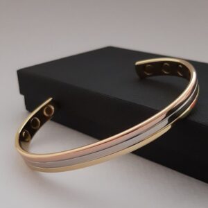 18 Kt White Rose & Yellow Gold Three Tone Cuff Bracelet Bangle 7.5 MM