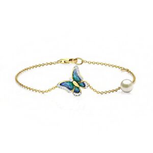 18 kt solid yellow gold chain link butterfly pearl bracelet bangle