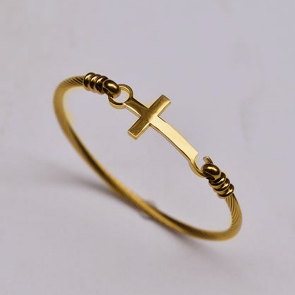18 Kt Genuine Yellow Gold Cross Religious Women's Bracelet Bangle 25g
