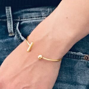 18 Kt Yellow Gold Bar And Ball Open Cuff Women's Bracelet Bangle 14g