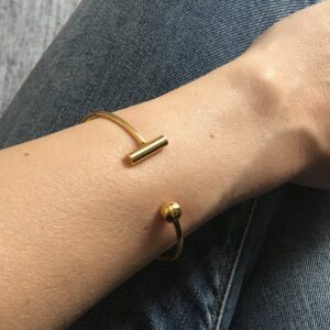 18 Kt Yellow Gold Bar And Ball Open Cuff Women's Bracelet Bangle 14g