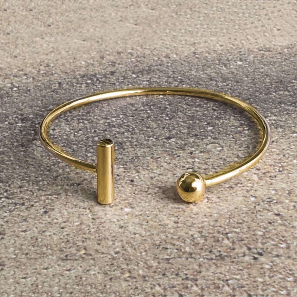 18 Kt Yellow Gold Bar And Ball Open Cuff Women's Bracelet Bangle 14g