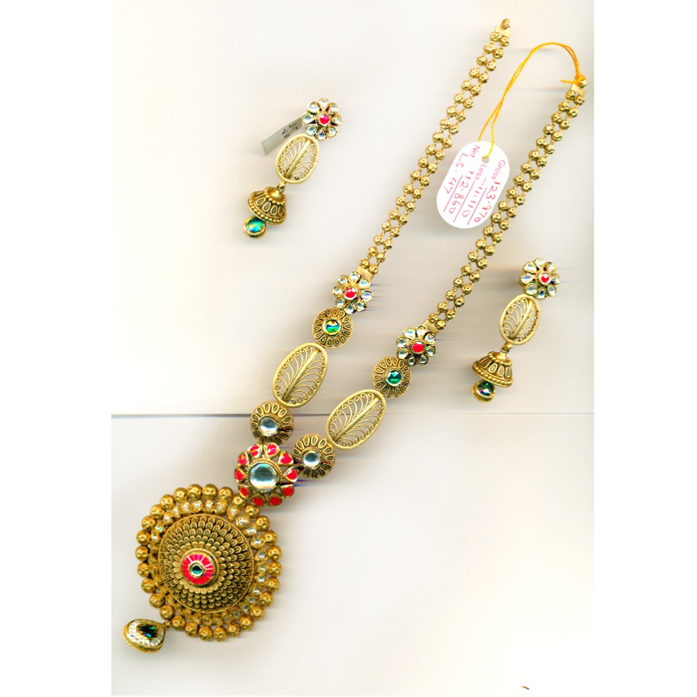 916 Gold Antique Designer Long Necklace Set-017