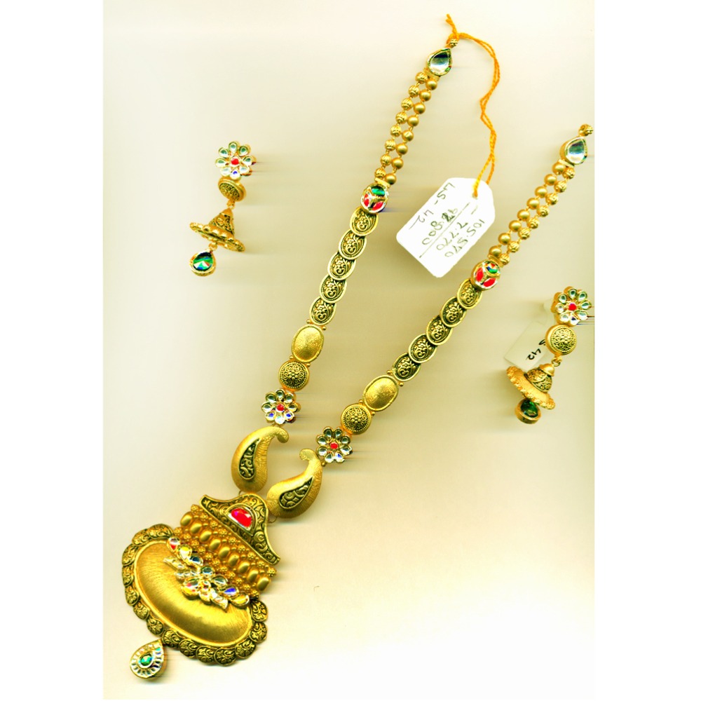916 Gold Antique Colorful Long Necklace Set-015