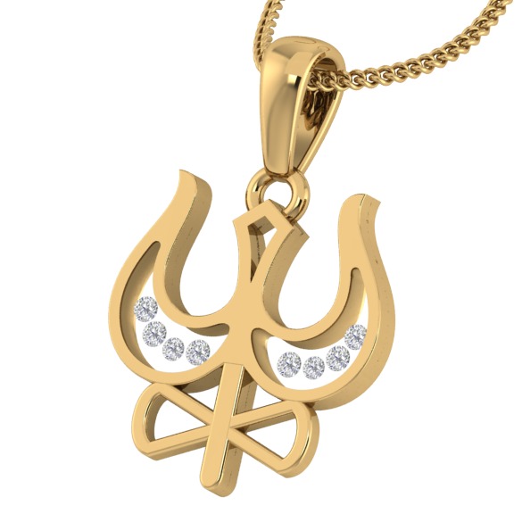 18KT Gold Real Diamond Setting In Glass Trishul Pendant - Image 2