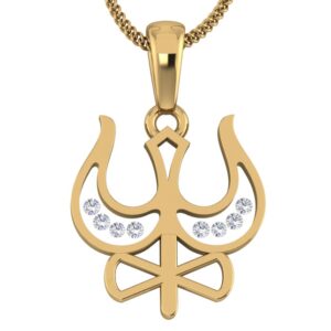 18KT Gold Real Diamond Setting In Glass Trishul Pendant