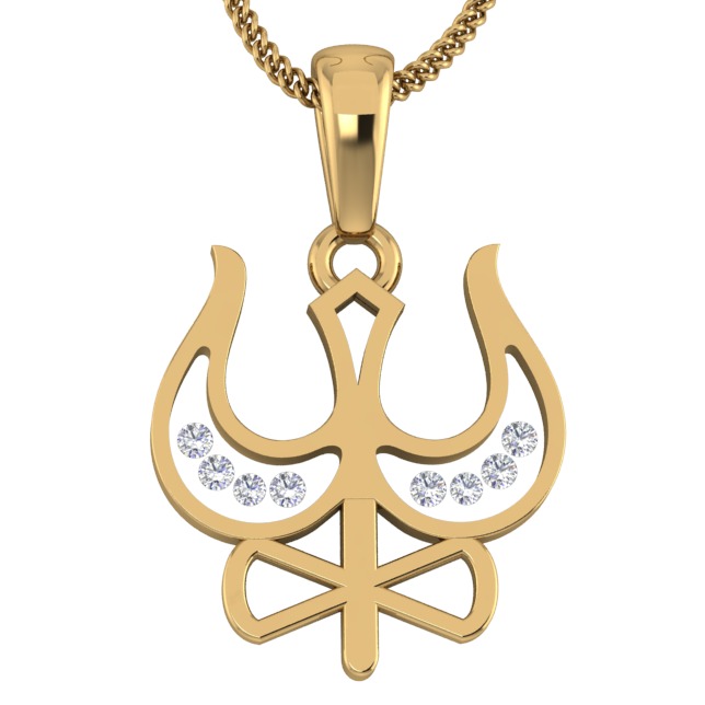 18KT Gold Real Diamond Setting In Glass Trishul Pendant
