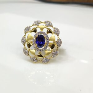 916 CZ Gold Blue Stone Stylish Design Hallmark Ring