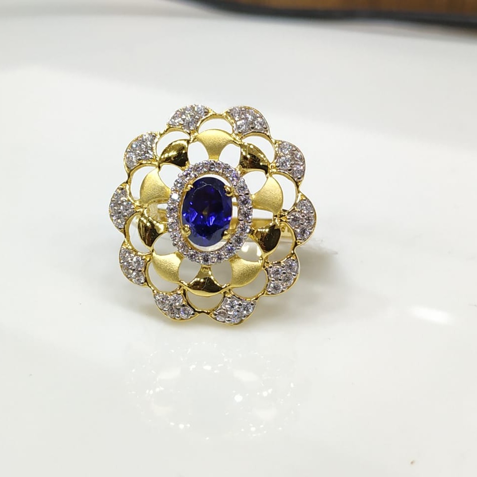 916 CZ Gold Blue Stone Stylish Design Hallmark Ring