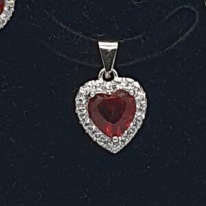 Silver 92.5 Red Stone Heart Shape Pendant Set