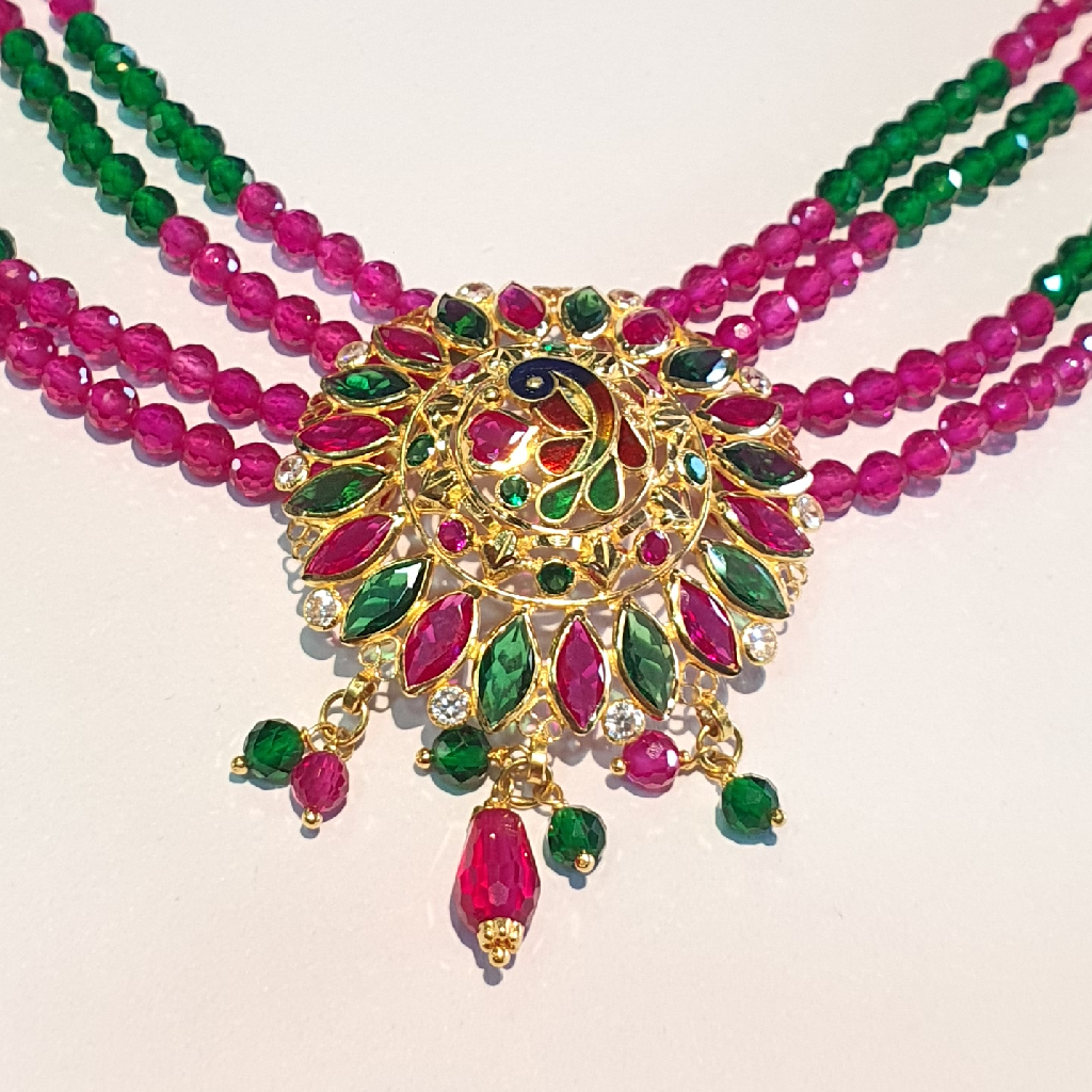 18.k Green And Red Moti Ma Peacock Design Necklace - Image 2