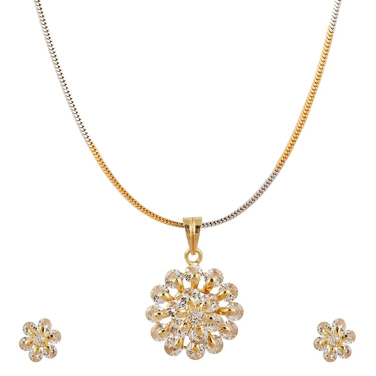 22 karat, 916 Hall-marked, yellow gold and silver plated chain, pendant and earrings flower design set for women JKP001