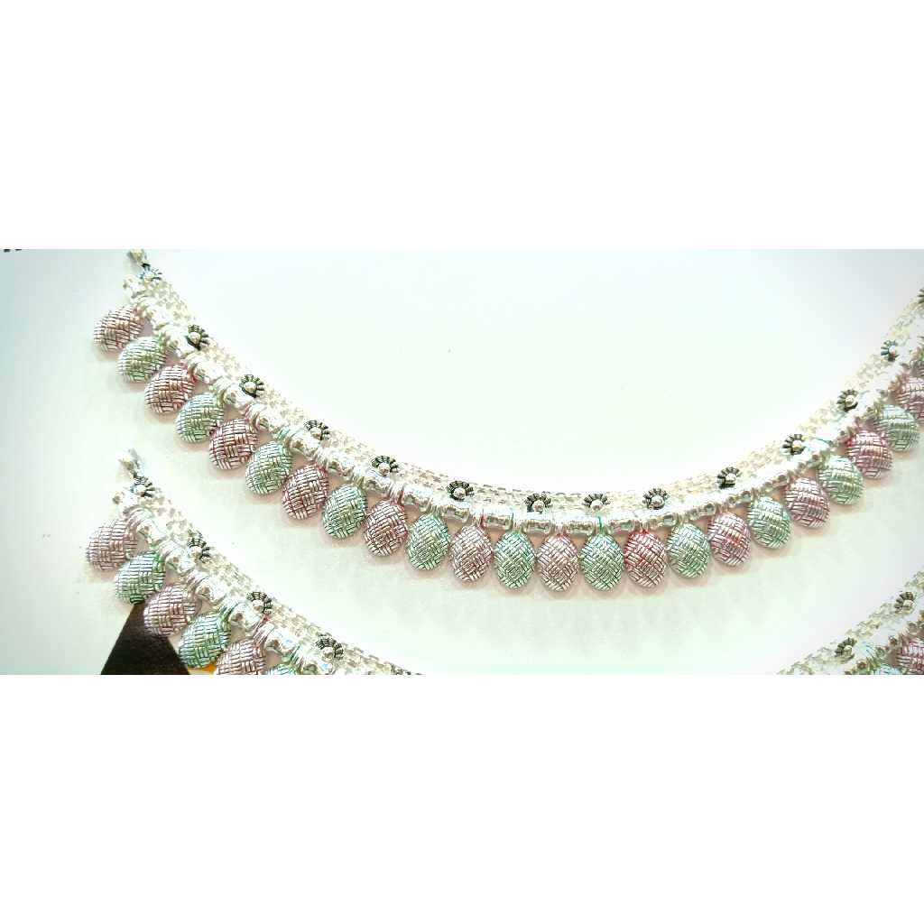 Colourful Pink and Green Silver Thick Payal - Image 2