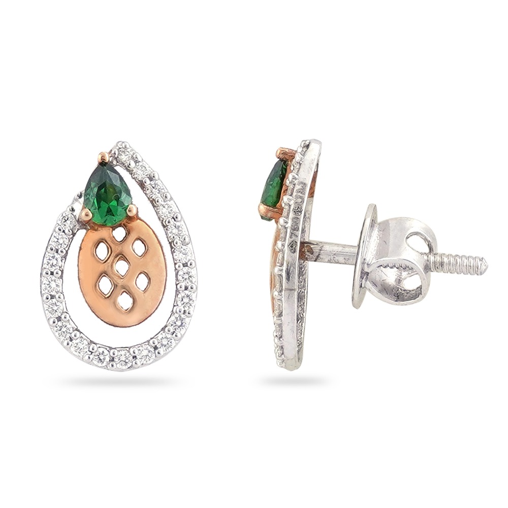 22KT Gold Green Stone Classic Design Diamond Earring - Image 2