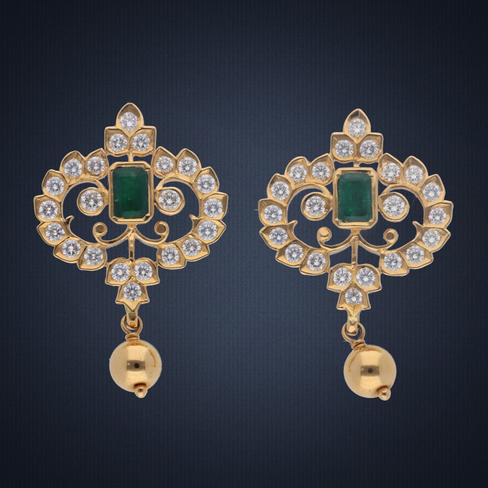 916 Gold Designer Green Stone Diamond Earring