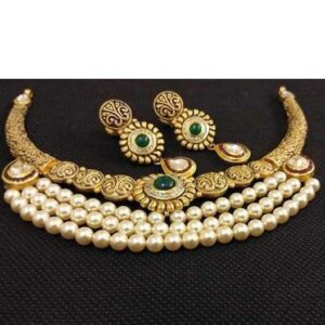22K Gold Choker Necklace With Peral & Emerald